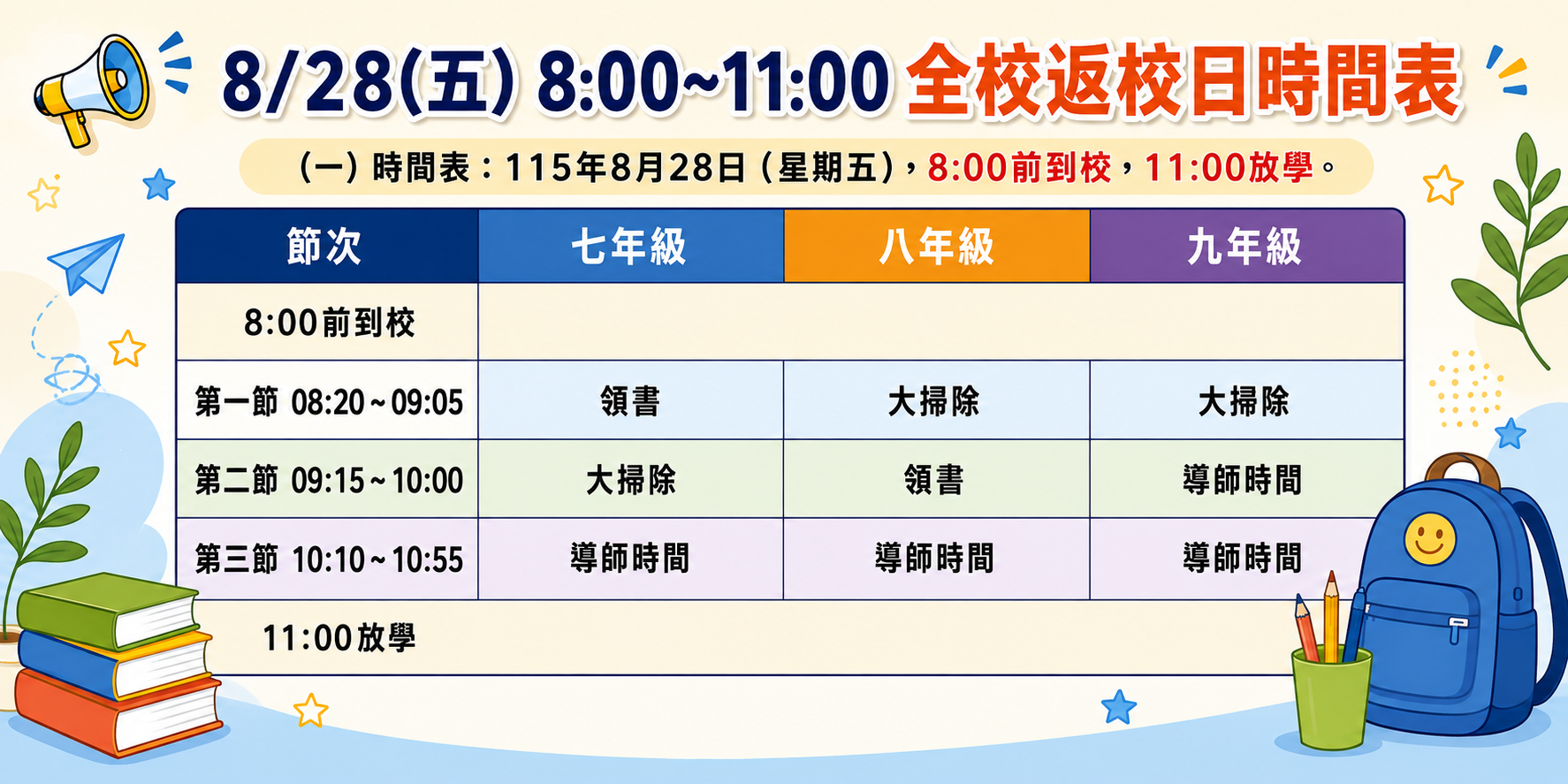828(五)800~1100全校返校日時間表，內容詳見學務處公告