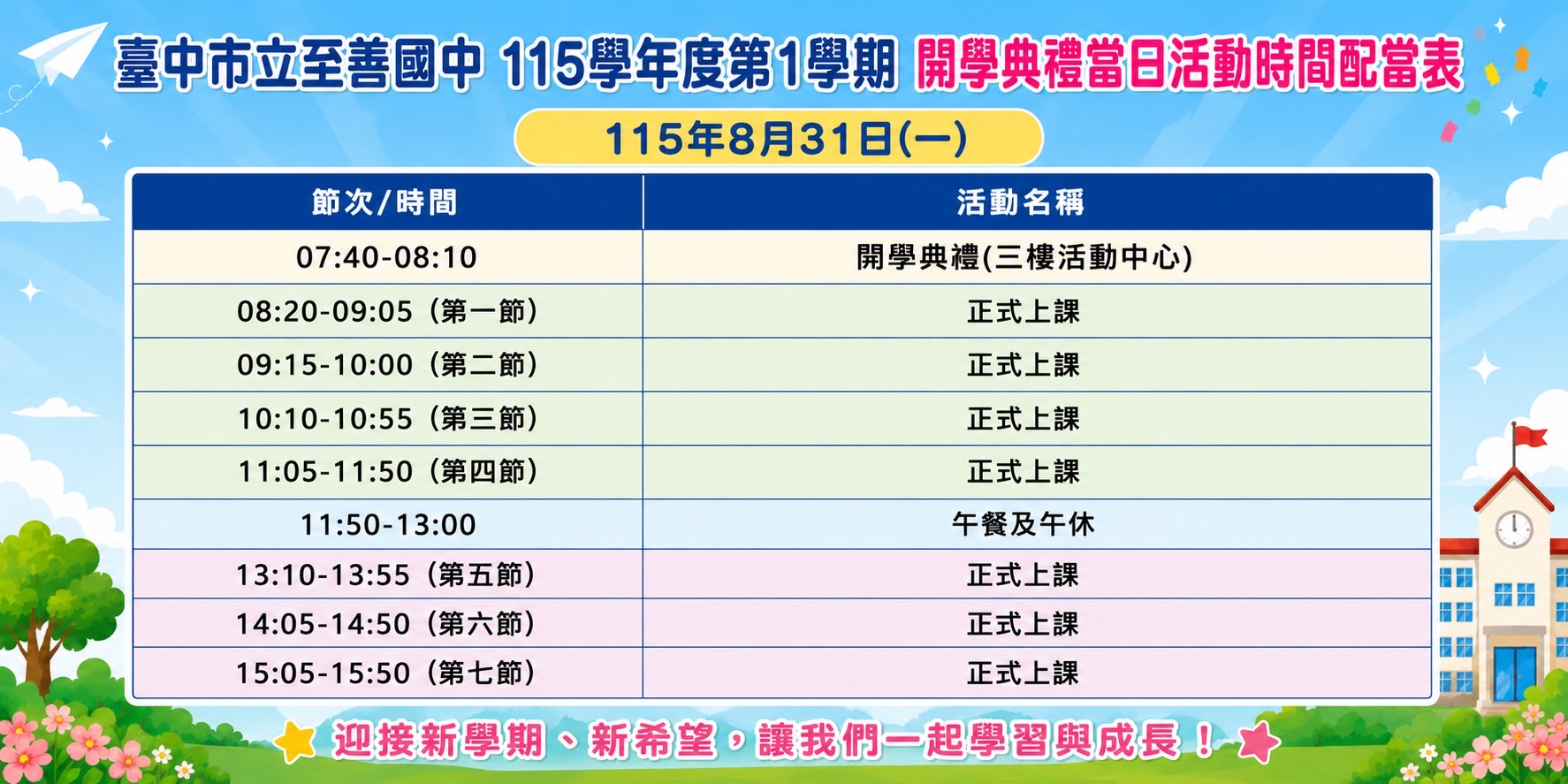 台中市至善國中115學年度第1學期開學典禮當日活動時間配當表
